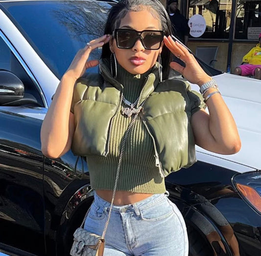 Olive Puffer Vest - Rich Ragz Boutique